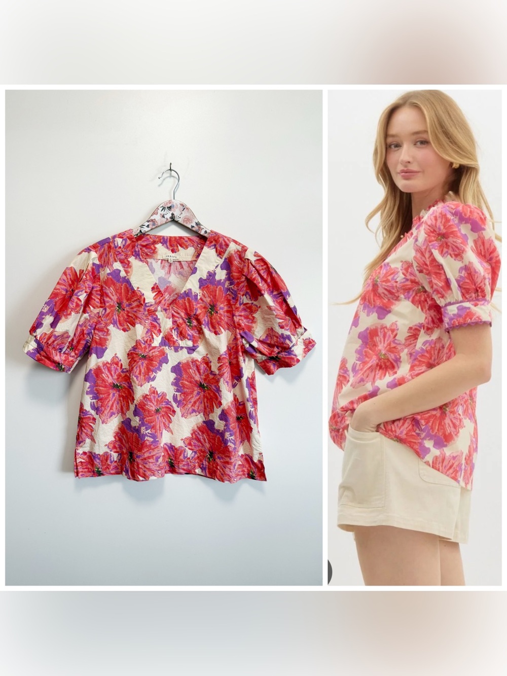 JODIFL Floral Puff Sleeve V-Neck Blouse Top Pink Red Purple Short Sleeve S Small